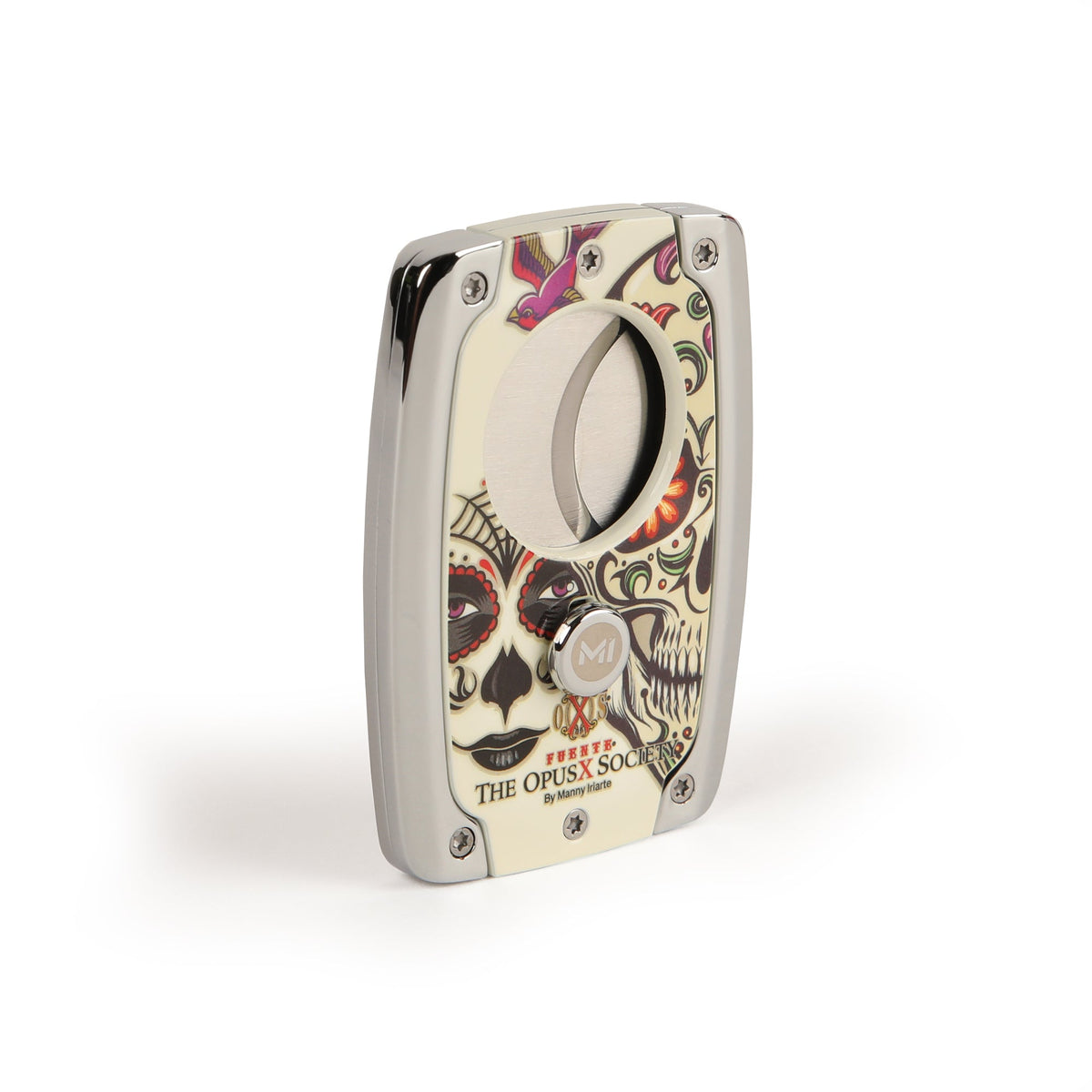 OpusX Society Sugar Skull C30 cigar cutter, front with painted sugar skull