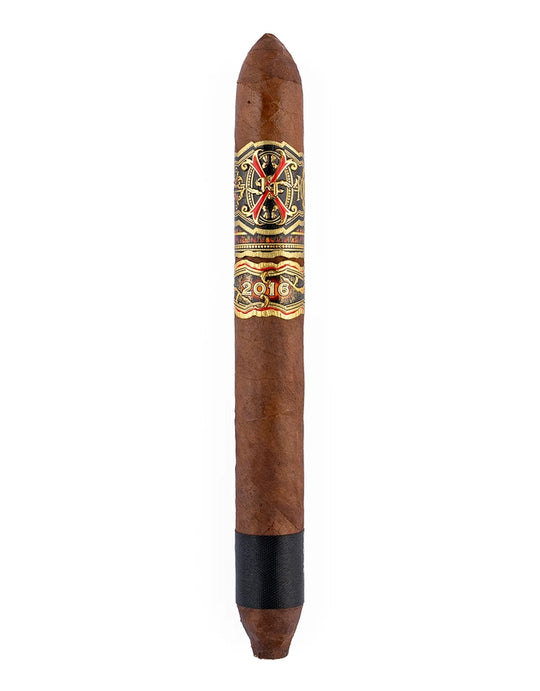 Arturo Fuente Opus X Rare Black Diadema 54, single cigar on a white background, black foot band