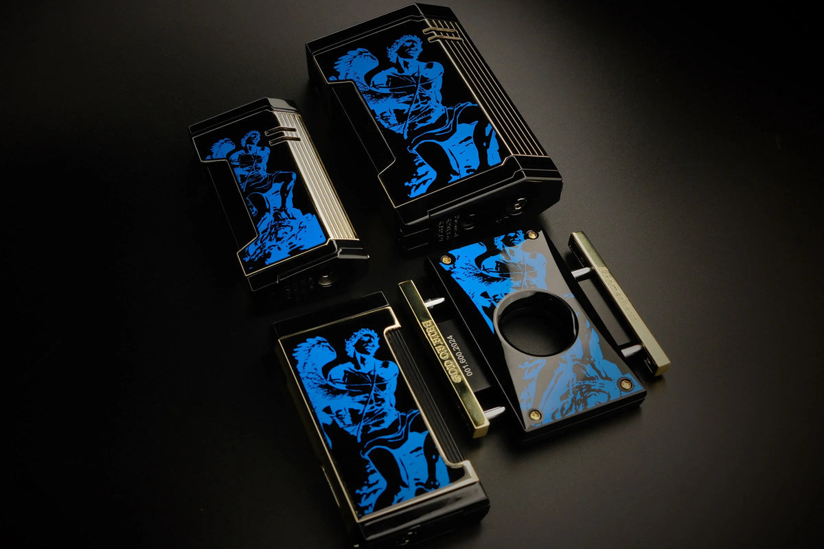 Prometheus God of Fire Never Back Down 2024 lighters and cutter in blue on black lacquer