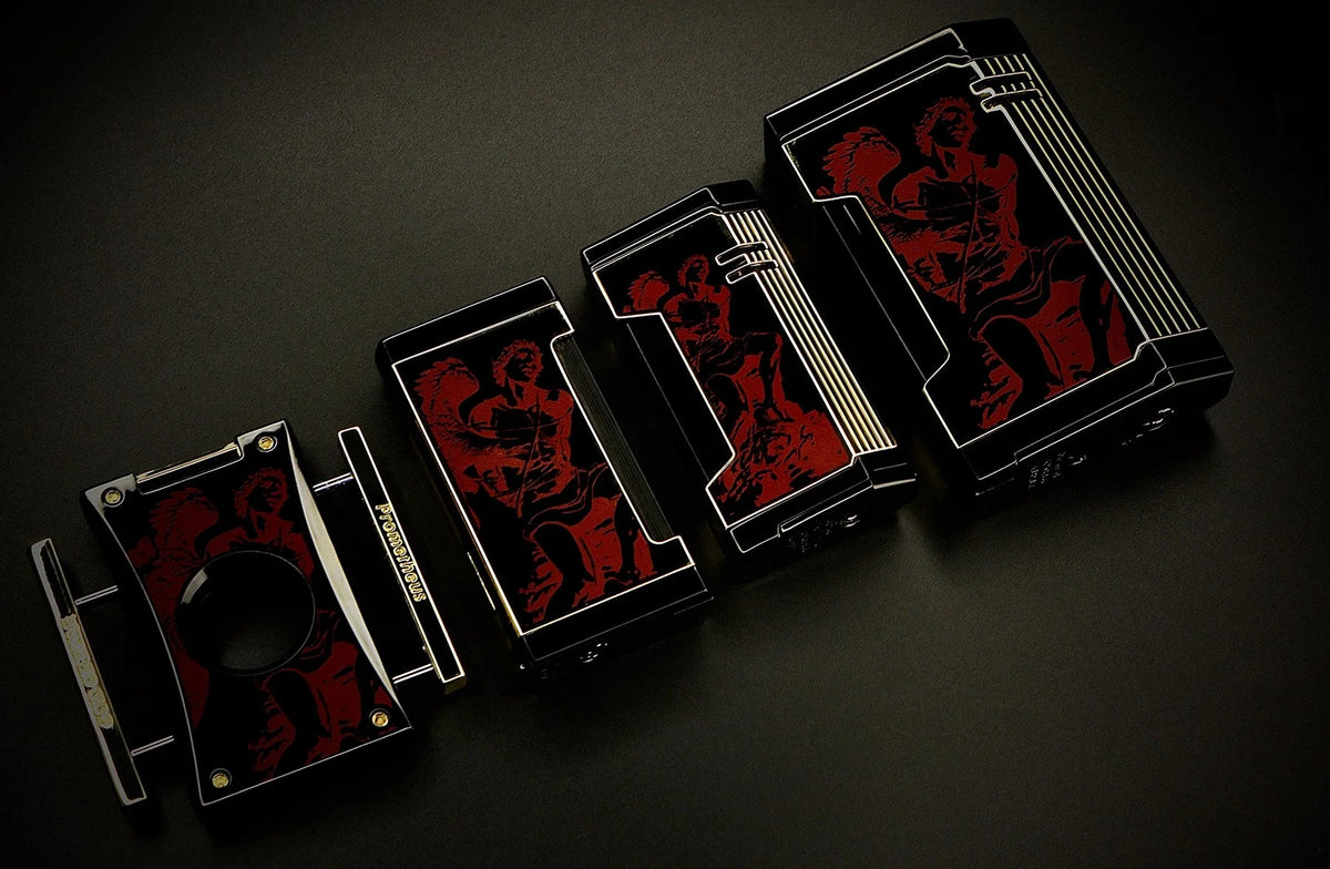 Prometheus God of Fire Never Back Down 2024 lighters and cutter in red on black lacquer