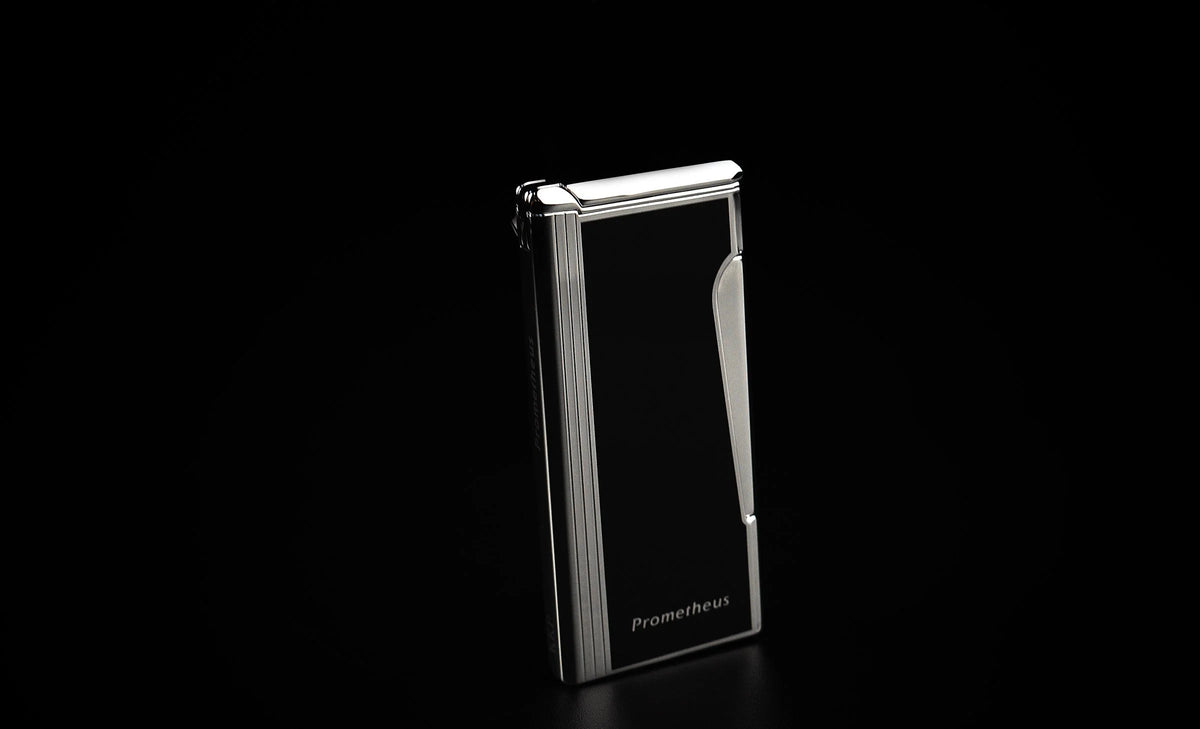 Prometheus Retro flint torch lighter, black lacquer with chrome (Retro-01), closed