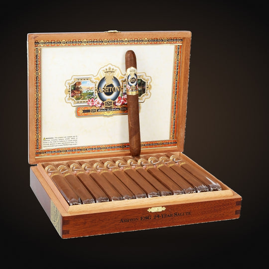Ashton ESG 24 Year Salute, open box with a cigar on the lid — Sun of a Gun Cigars & Spirits, Yuma Arizona