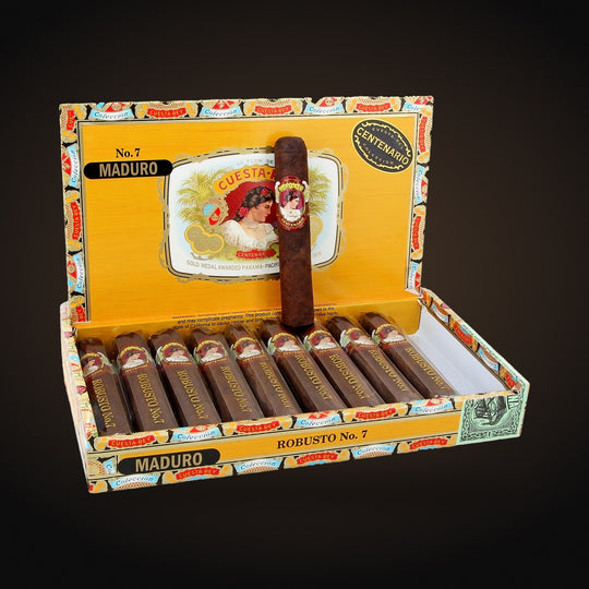Cuesta-Rey Centenario Robusto No. 7 Maduro, open box of 10 with one cigar standing — Sun of a Gun Cigars & Spirits, Yuma Arizona