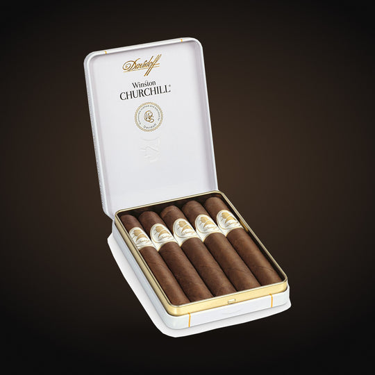 Davidoff Winston Churchill Petit Panatela Tin 5CT, open tin — Sun of a Gun Cigars & Spirits, Yuma Arizona