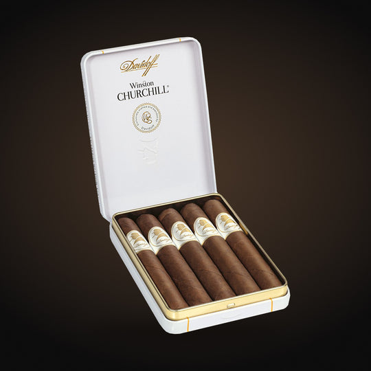 Davidoff Winston Churchill Petit Panatela Tin 5CT, open tin — Sun of a Gun Cigars & Spirits, Yuma Arizona