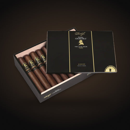 Davidoff Winston Churchill The Late Hour Toro, open box with its lid beside it — Sun of a Gun Cigars & Spirits, Yuma Arizona