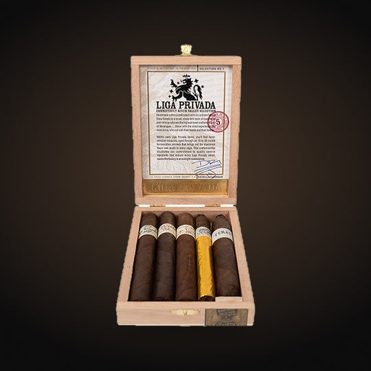 Liga Privada Connecticut River Valley Selection 5-Cigar Sampler, sampler box with assorted cigars — Sun of a Gun Cigars & Spirits, Yuma Arizona
