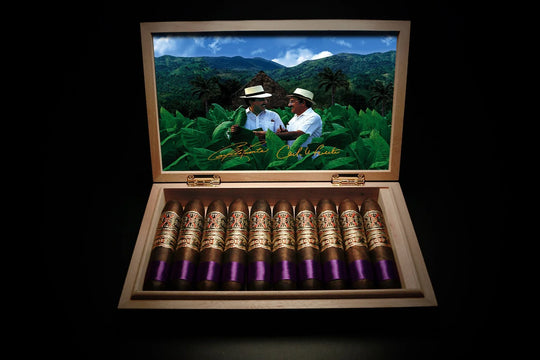 Arturo Fuente Opus X Carlito's X Rare Purple Diadema 60, open box of cigars, purple foot bands