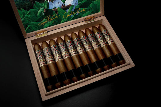 Arturo Fuente Opus X Rare Black Diadema 56, open box of cigars with the tobacco-field photograph inside the lid