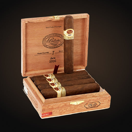 Padrón 1926 Series No. 48, open box with a cigar on the lid — Sun of a Gun Cigars & Spirits, Yuma Arizona