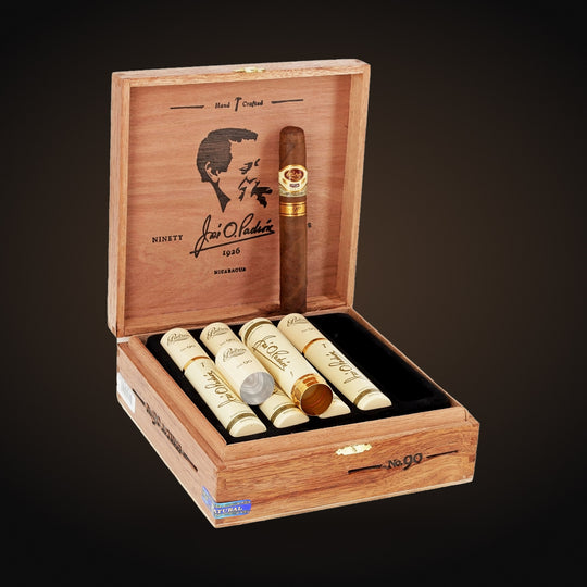 Padrón 1926 Series No. 90 Tubo, open box of tubes with a cigar on the lid — Sun of a Gun Cigars & Spirits, Yuma Arizona