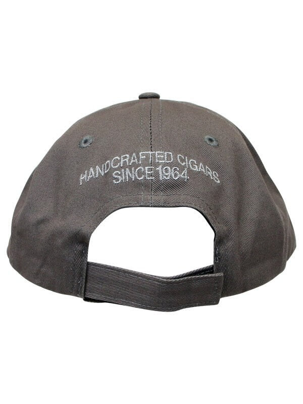 Padrón cap in grey, back view with Handcrafted Cigars Since 1964 embroidery and adjustable strap