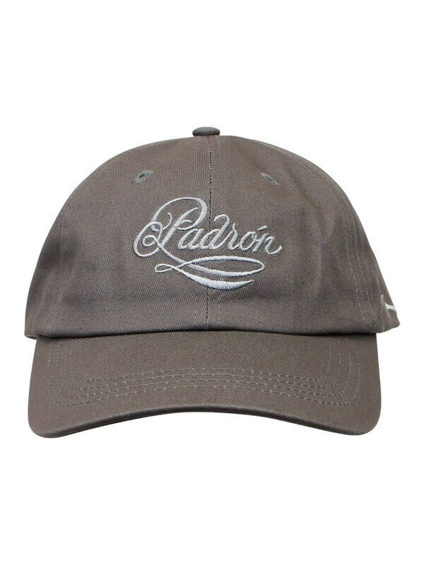Padrón cap in grey, front view with embroidered Padrón script logo