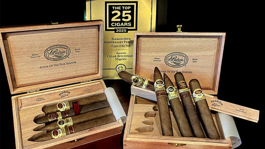 Padrón Cigar of the Year 5-Cigar Sampler, two open wooden boxes showing the five cigars and the 60th Anniversary Perfecto compartment