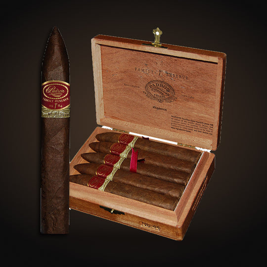 Padrón Family Reserve No. 44 Torpedo, open box with a cigar beside it — Sun of a Gun Cigars & Spirits, Yuma Arizona