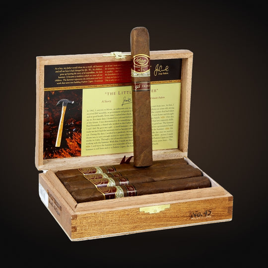Padrón Family Reserve No. 45, open box with a cigar on the lid — Sun of a Gun Cigars & Spirits, Yuma Arizona