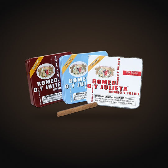 Romeo Y Julieta Mini Red Tin 20Ct, three tins with a small cigar in front — Sun of a Gun Cigars & Spirits, Yuma Arizona