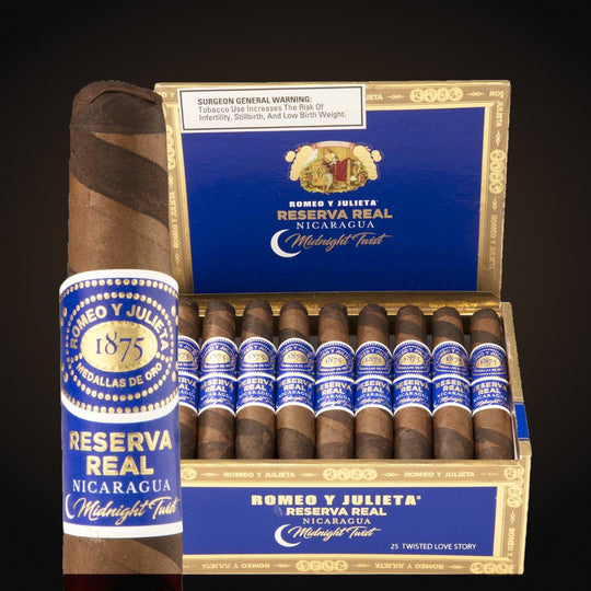Romeo y Julieta Reserva Real Nicaragua Midnight Twist Twisted Love Story, open box with a cigar beside it — Sun of a Gun Cigars & Spirits, Yuma Arizona