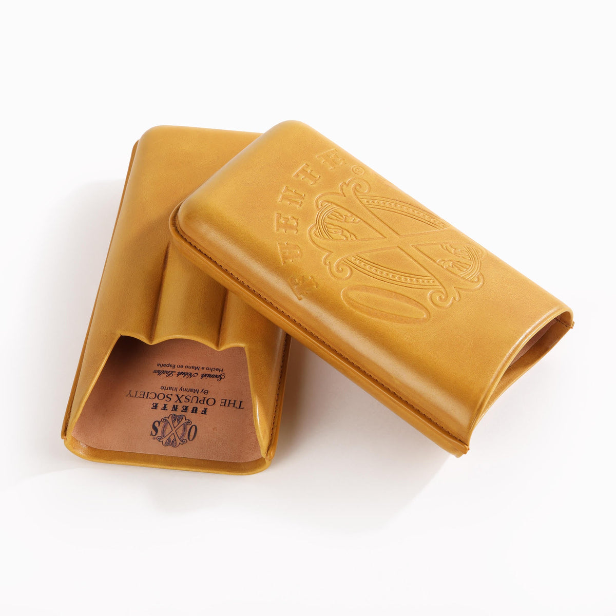 OpusX Society nobuk leather cigar case open, showing the copper-toned OpusX Society lining
