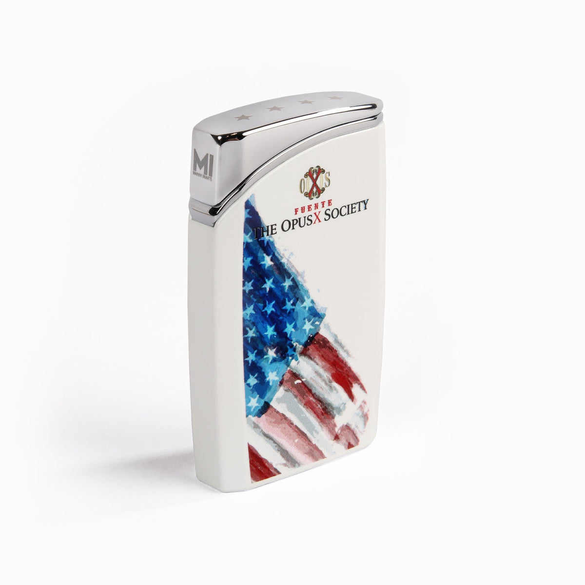 OpusX Society 1776 lighter, white with American flag artwork and OpusX Society logo, front view