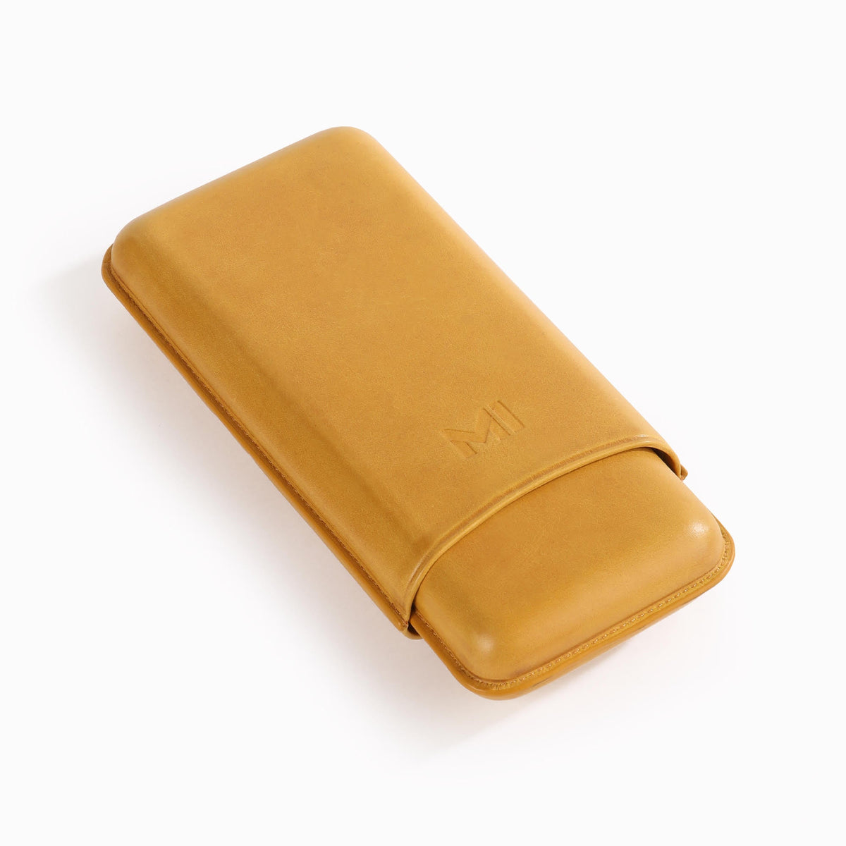 OpusX Society nobuk leather cigar case in Camel Yellow, side embossed with Manny Iriarte's MI