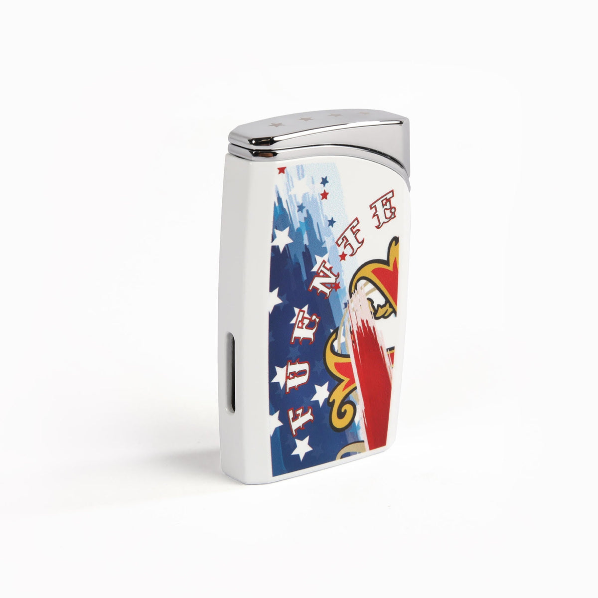 OpusX Society 1776 lighter, back view with Fuente lettering, stars and side fuel window