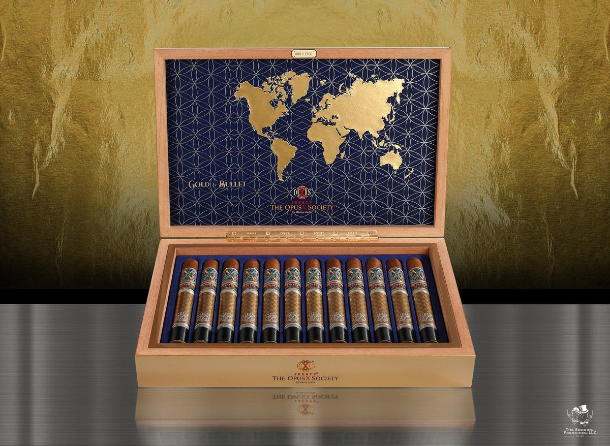 Fuente Fuente OpusX Gold & Bullet box No. 0001 of 1,500, open, with 12 cigars and a navy lid lined with a gold world map — The OpusX Society