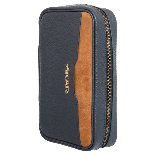 Xikar Sentinel leather cigar case, blue leather with tan suede