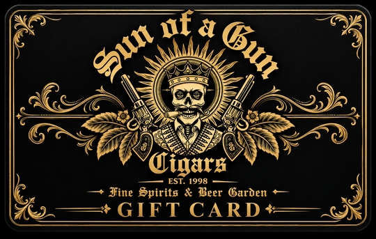 Sun of a Gun Cigars gift card in black and gold