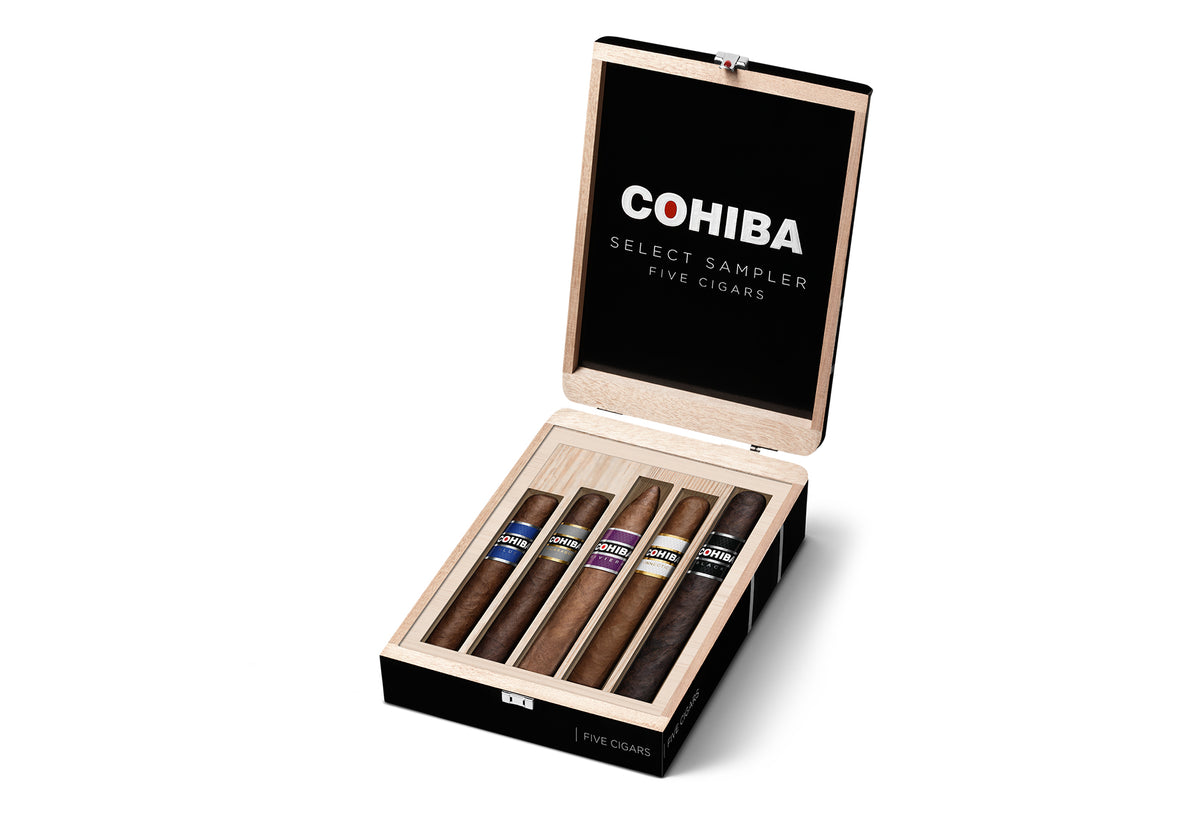 Cohiba Select Gift Sampler, open black box with five banded Cohiba cigars including the Riviera Belicoso — Sun of a Gun Cigars, Yuma Arizona