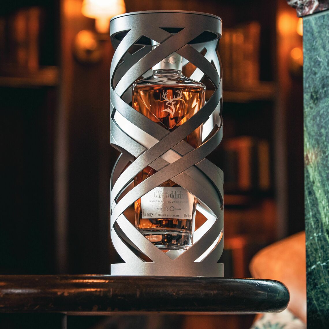 Glenfiddich 30 Year Scotch Whisky in its presentation case, lounge setting — Sun of a Gun Cigars, Yuma Arizona