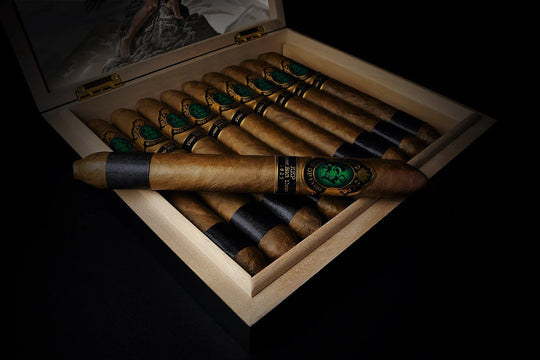 God of Fire KKP Never Back Down Diadema 54, open box with one cigar laid across the row