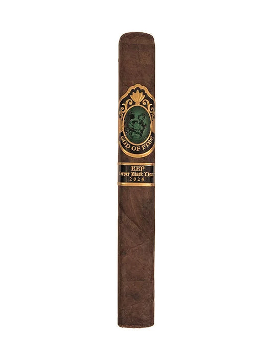 God of Fire KKP Never Back Down Toro Extra 54, single cigar on a white background, green and gold band