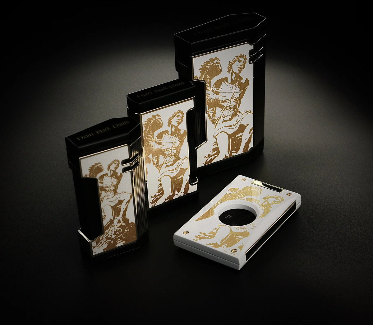 Prometheus God of Fire Never Back Down 2024 lighters and cutter in gold on white lacquer