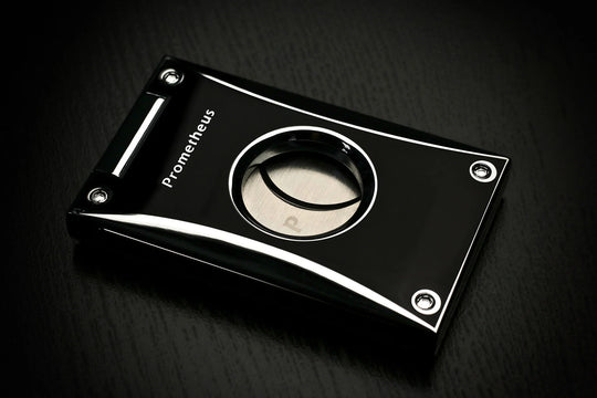 Prometheus Cutter H21 double blade cigar cutter in black lacquer and chrome, closed
