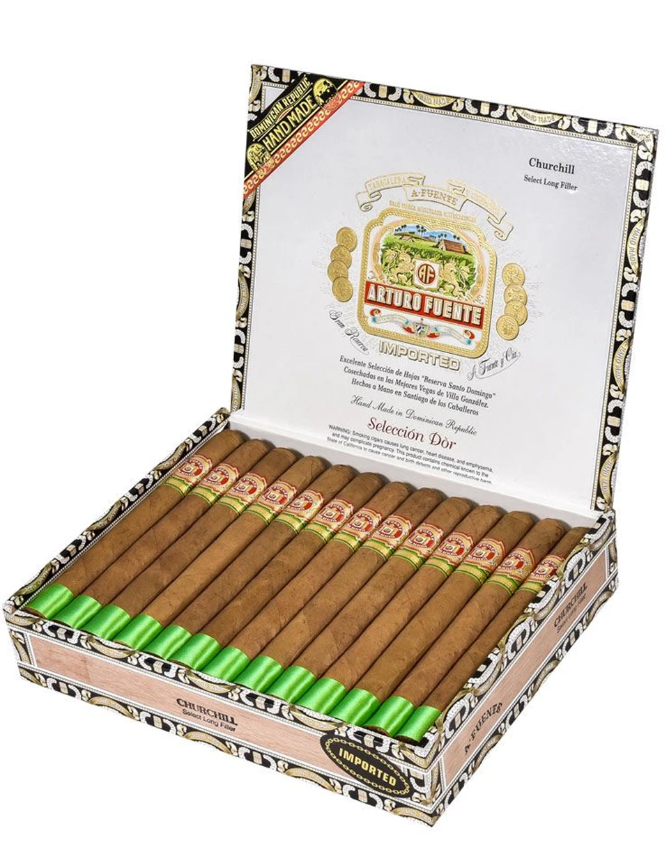 Arturo Fuente Churchill Seleccion d'Oro - open box of Churchill cigars with green foot ribbons