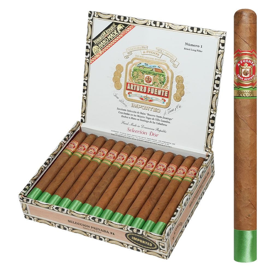 Arturo Fuente Seleccion Privada No. 1 - open box of Seleccion d'Oro cigars with green foot ribbons