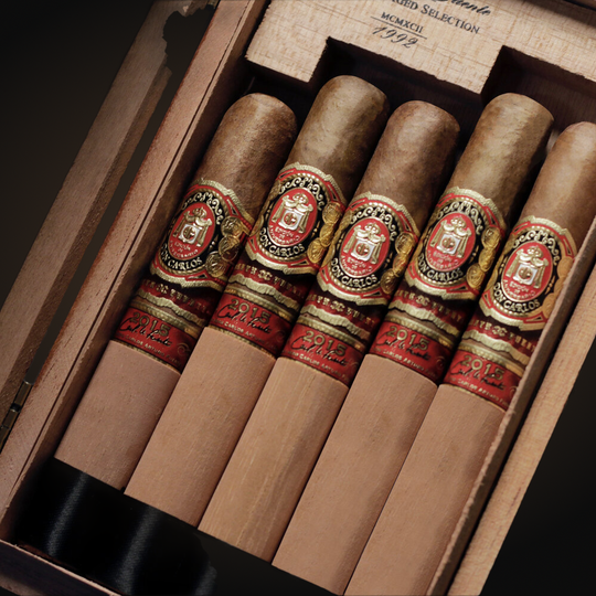 Arturo Fuente Don Carlos Edicion de Aniversario 5-Cigar Assortment, open box with several cigars — Sun of a Gun Cigars & Spirits, Yuma Arizona