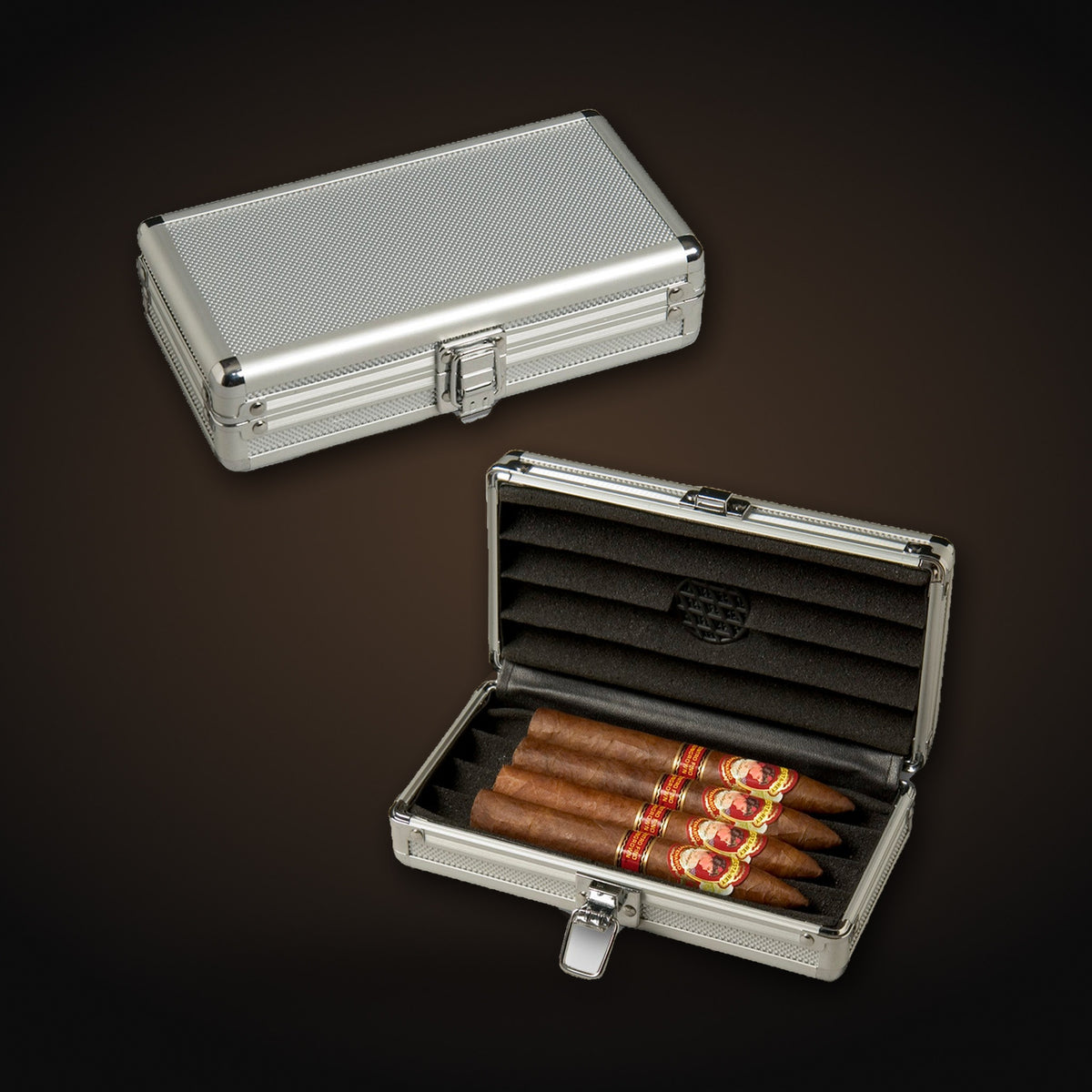 Craftsman's Bench Passport Travel Humidor, two travel humidors, one open with cigars — Sun of a Gun Cigars & Spirits, Yuma Arizona