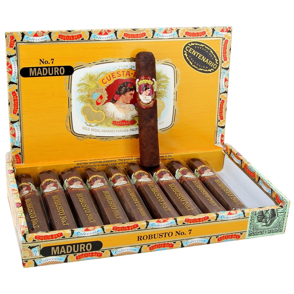 Cuesta-Rey Centenario Robusto No. 7 Maduro, open box of 10 with one cigar standing — Sun of a Gun Cigars, Yuma Arizona