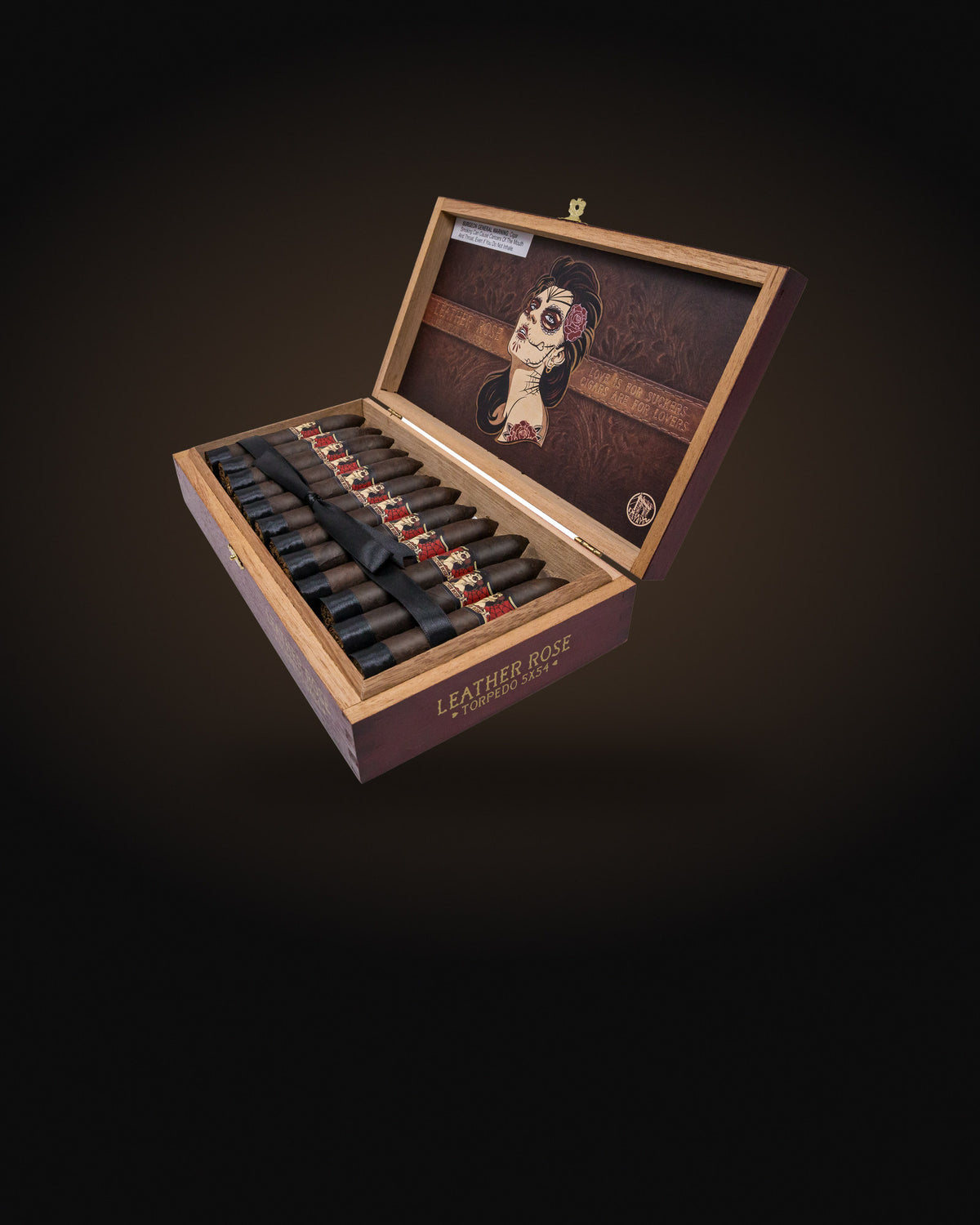 Deadwood Cigars: Open box of Deadwood Leather Rose Torpedo cigars by Drew Estate