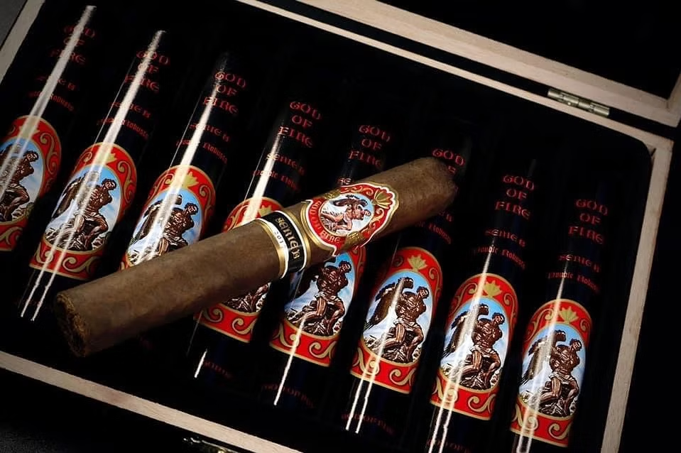 God of Fire cigars in an open box at Sun of a Gun Cigars & Spirits, Yuma, Arizona