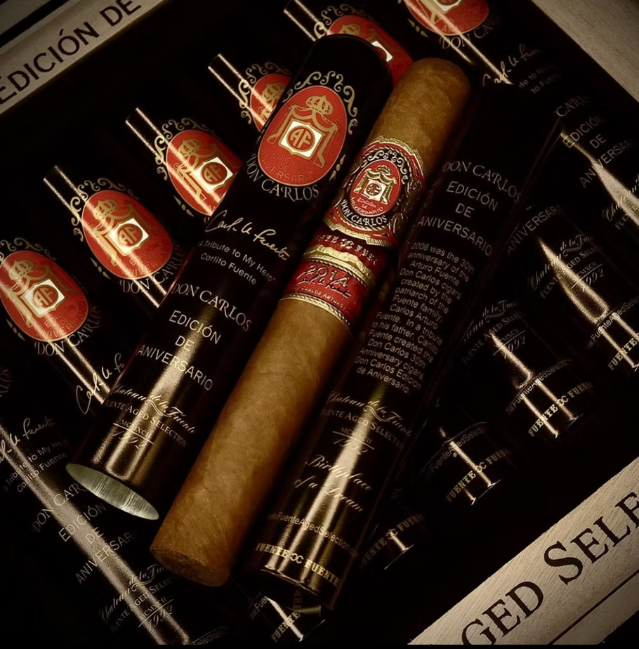 Arturo Fuente Don Carlos Edición de Aniversario cigar on its box at Sun of a Gun Cigars & Spirits, Yuma, Arizona