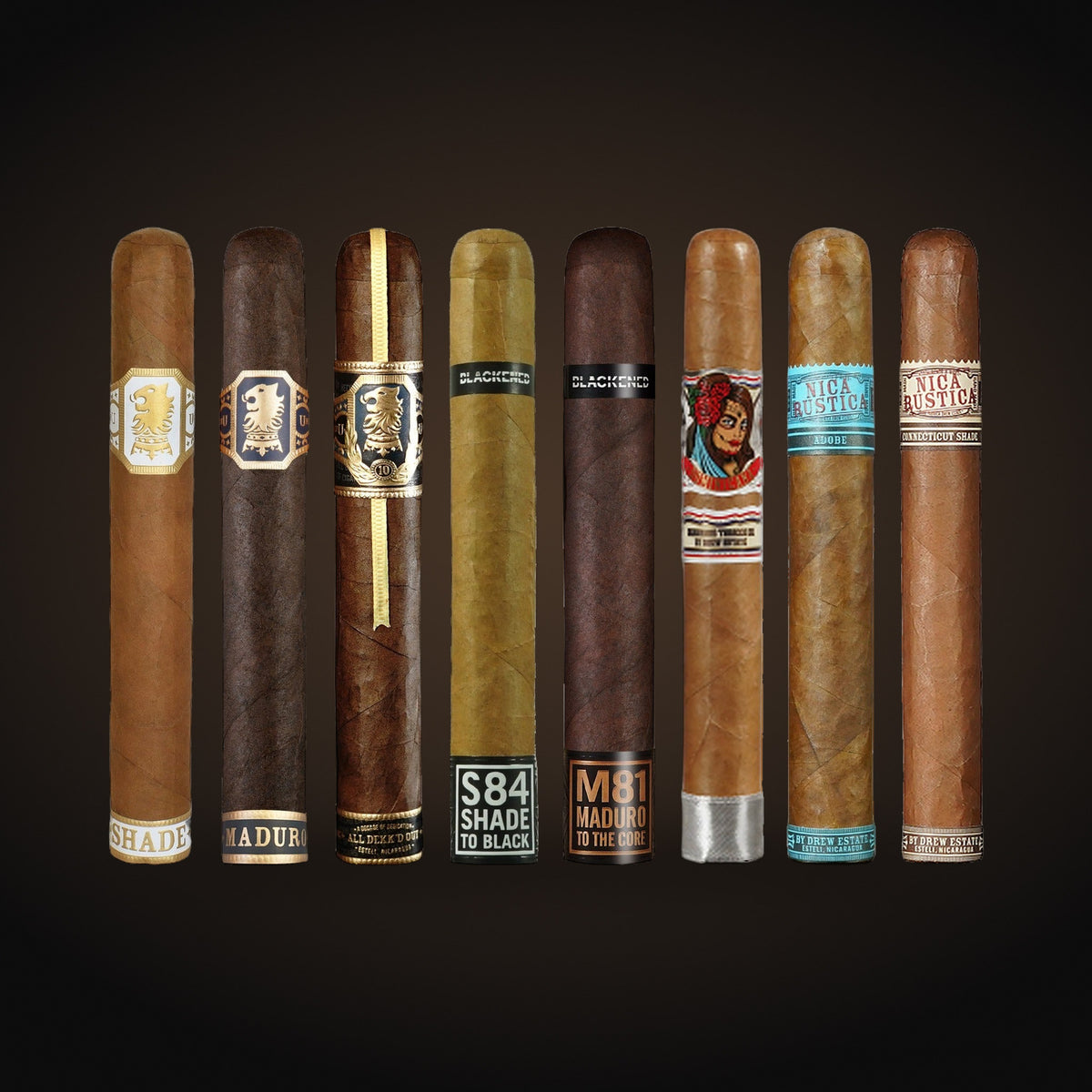 Drew Estate Traditional 8-Cigar Sampler, assorted cigars side by side — Sun of a Gun Cigars & Spirits, Yuma Arizona