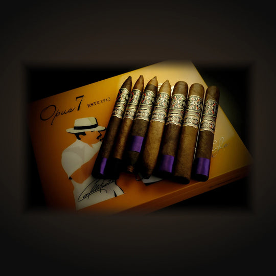 Fuente Fuente OpusX Heaven and Earth Opus7 Travel Humidor — 7 Cigars, several cigars resting on a closed box — Sun of a Gun Cigars & Spirits, Yuma Arizona