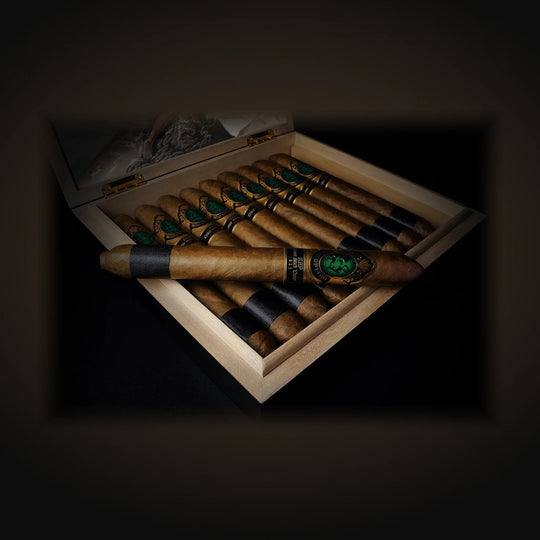God of Fire KKP Never Back Down Diadema 54, open box with one cigar laid across the row — Sun of a Gun Cigars & Spirits, Yuma Arizona