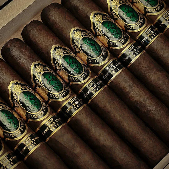God of Fire KKP Never Back Down Gran Toro 56, cigars in the open box, close up — Sun of a Gun Cigars & Spirits, Yuma Arizona