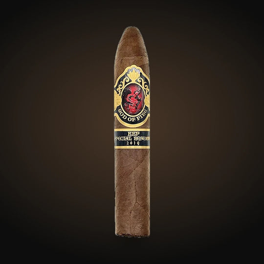 God of Fire KKP Special Reserve Piramide 58, single piramide cigar on a white background — Sun of a Gun Cigars & Spirits, Yuma Arizona