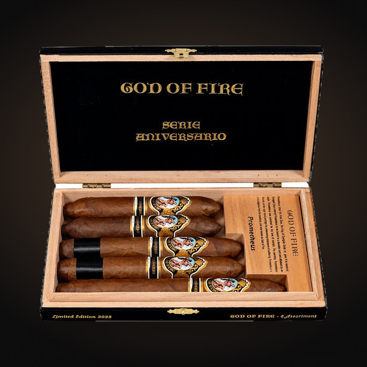 God of Fire Serie Aniversario 5-Cigar Assortment, open box with assorted cigars — Sun of a Gun Cigars & Spirits, Yuma Arizona
