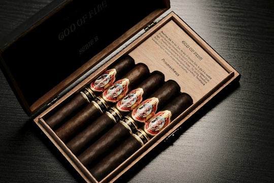 God of Fire Serie B 5-Cigar Assortment, open box of five cigars